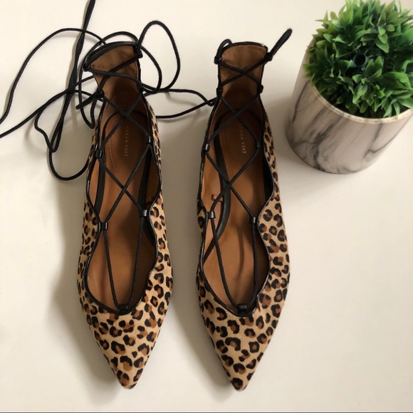 ZARA Leopard Print Lace Up Flats - Picture 4 of 11